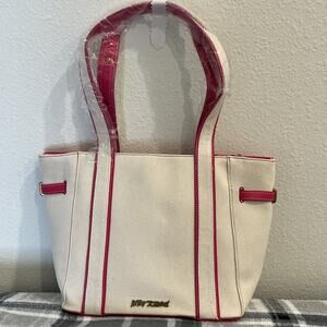 Betsey Johnson Beige Pink Fabric Leather Large Tote Bag 2 Straps Shoulder Bag
